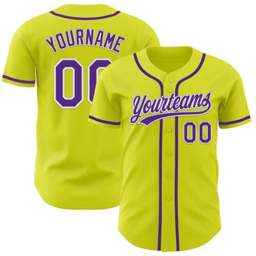 NeonYellow0008 Custom Neon Yellow Purple-White Authentic Baseball Jersey