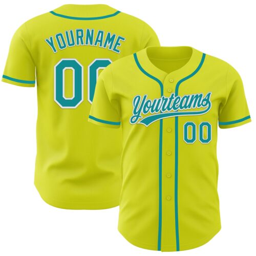 NeonYellow0012 Custom Neon Yellow Teal-White Authentic Baseball Jersey