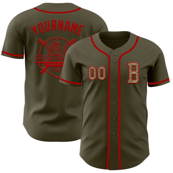 Custom Olive Camo-Red Authentic Salute To Service Baseball Jersey