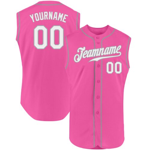 Pink0141 Custom Pink White-Gray Authentic Sleeveless Baseball Jersey