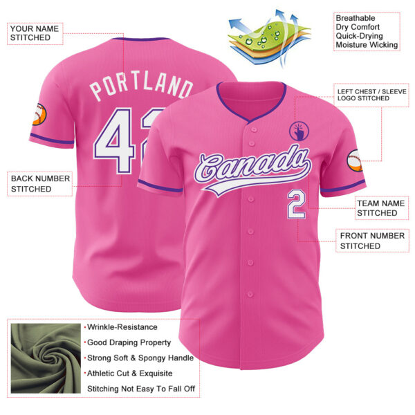 Custom Pink White-Purple Authentic Baseball Jersey