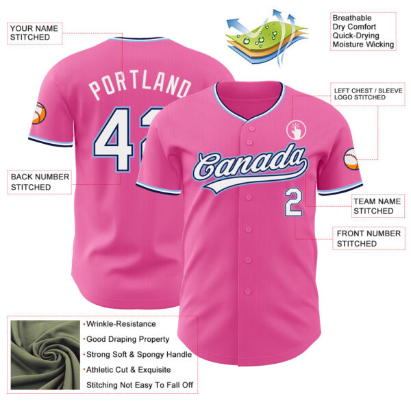 Custom Pink White Navy-Light Blue Authentic Baseball Jersey
