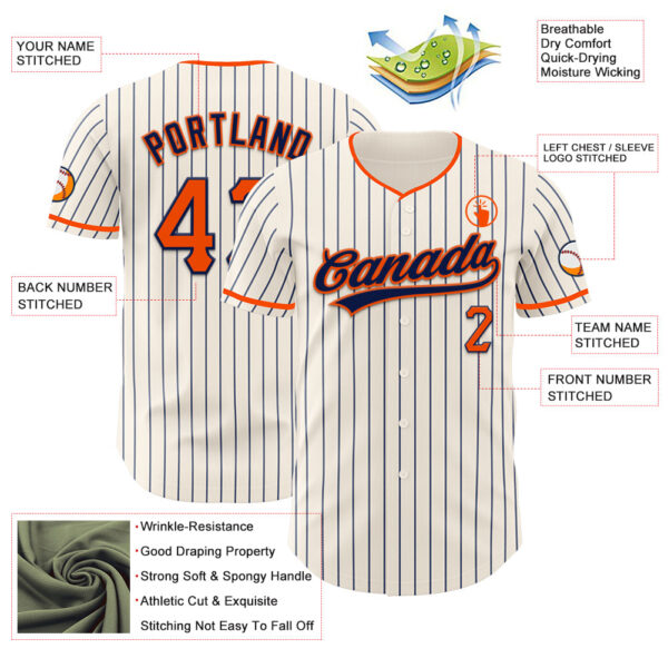 Custom Cream Navy Pinstripe Orange-Navy Authentic Baseball Jersey