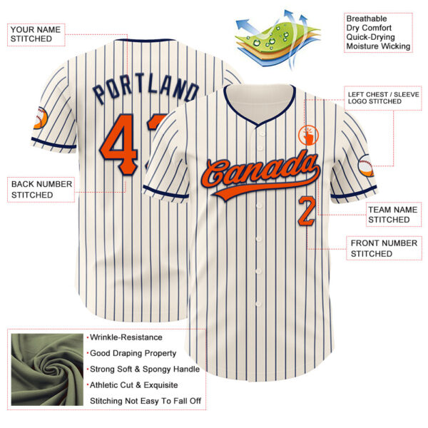 Custom Cream Navy Pinstripe Orange-Navy Authentic Baseball Jersey