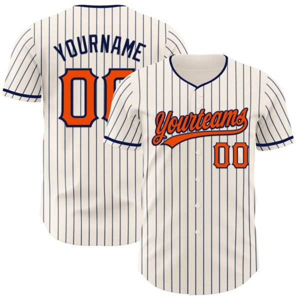 Custom Cream Navy Pinstripe Orange-Navy Authentic Baseball Jersey