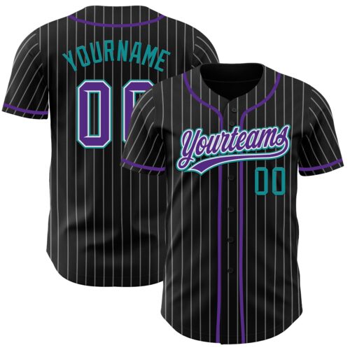 Pinstripe0010 Custom Black White Pinstripe Purple Teal-White Authentic Baseball Jersey
