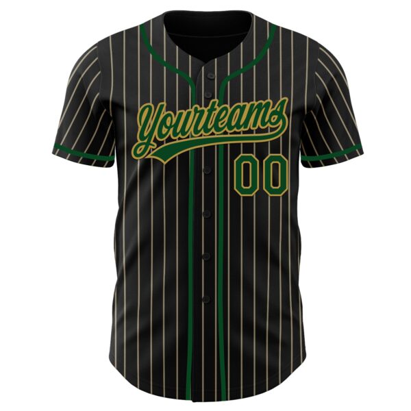 Custom Black Cream Pinstripe Green-Old Gold Authentic Baseball Jersey