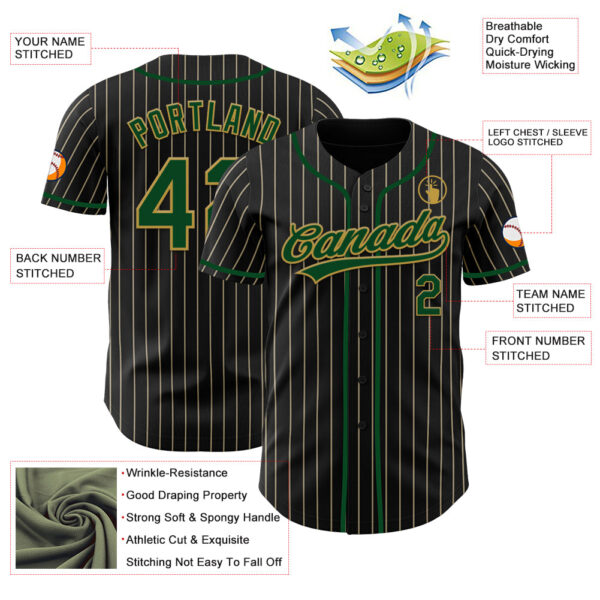 Custom Black Cream Pinstripe Green-Old Gold Authentic Baseball Jersey