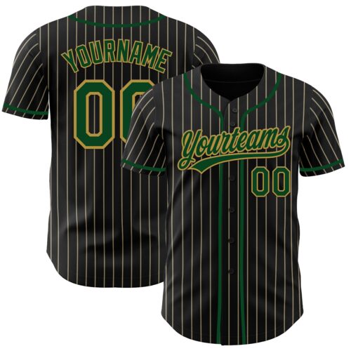 Pinstripe0011 Custom Black Cream Pinstripe Green-Old Gold Authentic Baseball Jersey