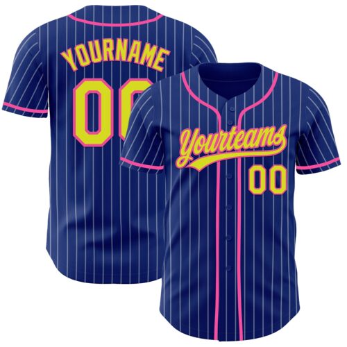 Pinstripe0014 Custom Royal White Pinstripe Neon Yellow-Pink Authentic Baseball Jersey