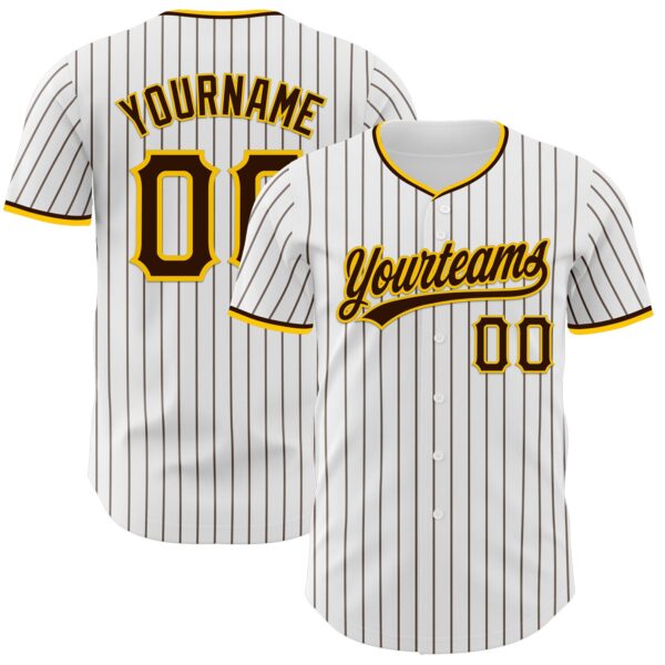 Custom White Brown Pinstripe Brown-Yellow Authentic Baseball Jersey