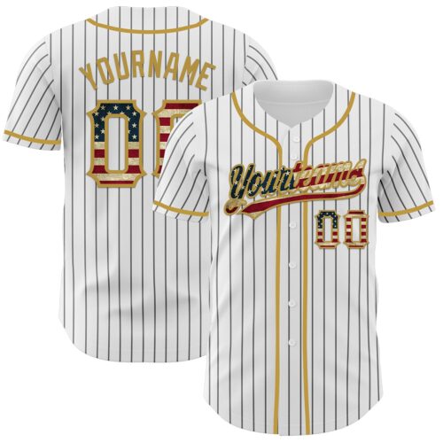 Pinstripe0018 Custom White Black Pinstripe Vintage USA Flag-Old Gold Authentic Baseball Jersey