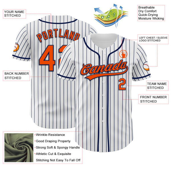 Custom White Navy Pinstripe Orange-Navy Authentic Baseball Jersey
