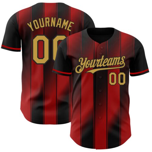 Pinstripe0027 Custom Black Old Gold-Red Gradient Classic Vertical Stripe Authentic Baseball Jersey