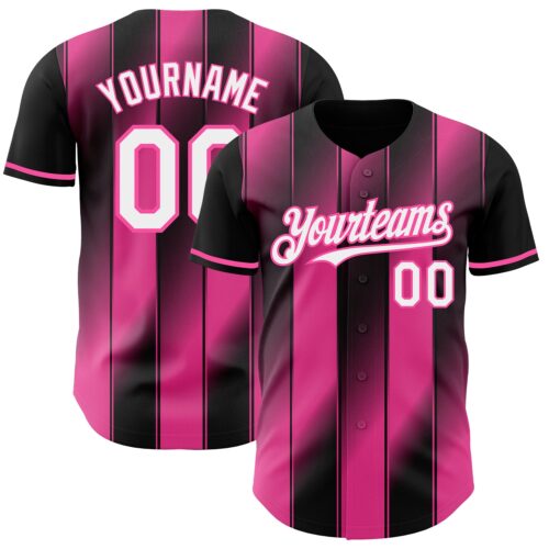 Pinstripe0033 Custom Black White-Pink Gradient Classic Vertical Stripe Authentic Baseball Jersey