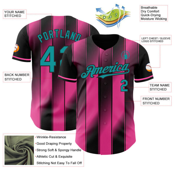 Custom Black Teal-Pink Gradient Classic Vertical Stripe Authentic Baseball Jersey