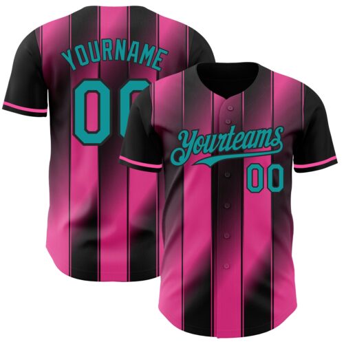 Pinstripe0035 Custom Black Teal-Pink Gradient Classic Vertical Stripe Authentic Baseball Jersey