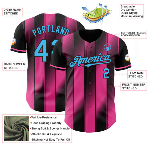 Custom Black Sky Blue-Pink Gradient Classic Vertical Stripe Authentic Baseball Jersey