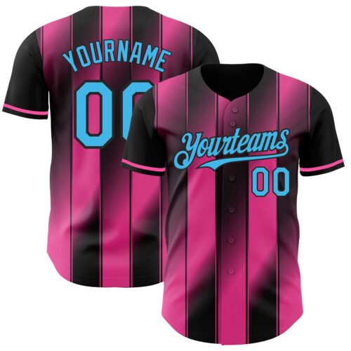 Pinstripe0036 Custom Black Sky Blue-Pink Gradient Classic Vertical Stripe Authentic Baseball Jersey