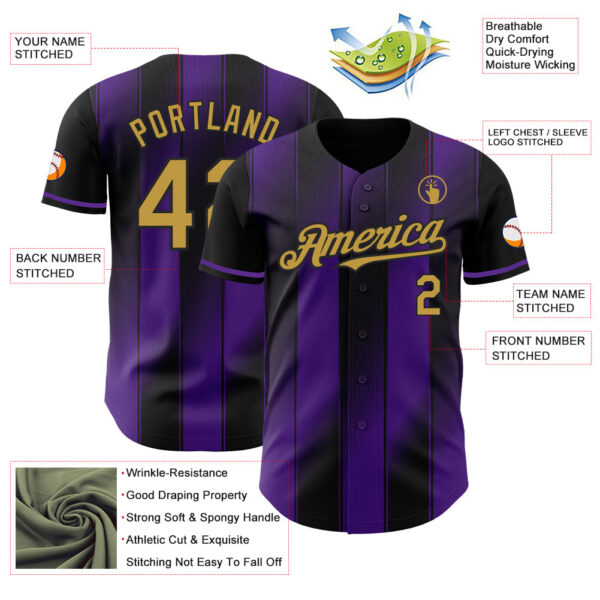 Custom Black Old Gold-Purple Gradient Classic Vertical Stripe Authentic Baseball Jersey