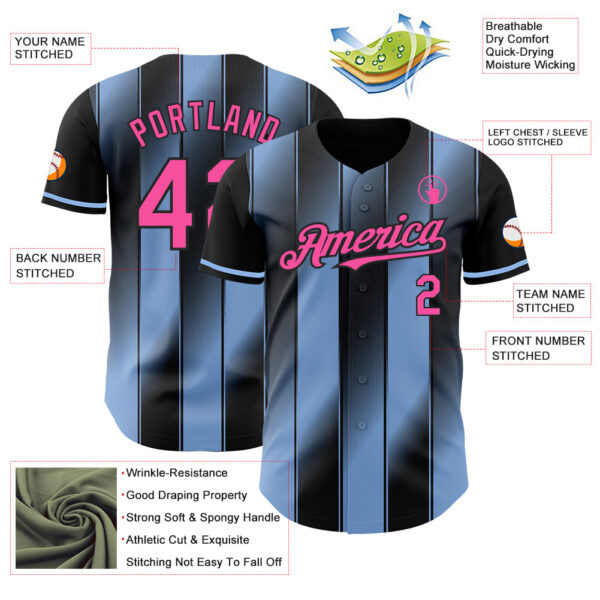 Custom Black Pink-Light Blue Gradient Classic Vertical Stripe Authentic Baseball Jersey