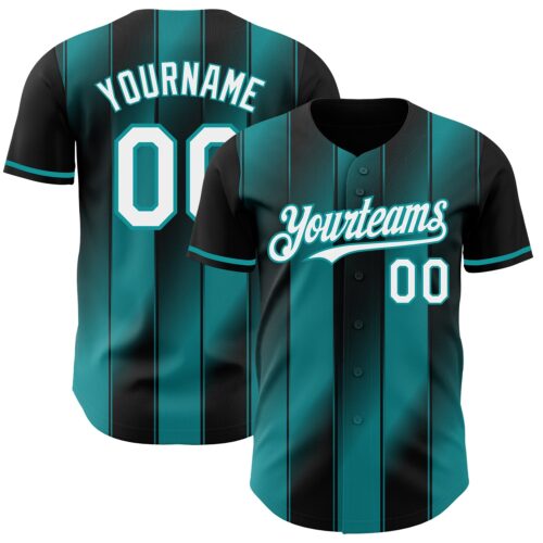 Custom Black White-Teal Gradient Classic Vertical Stripe Authentic Baseball Jersey
