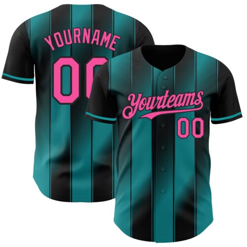 Pinstripe0067 Custom Black Pink-Teal Gradient Classic Vertical Stripe Authentic Baseball Jersey