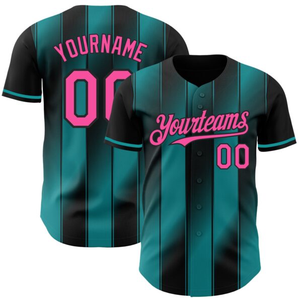 Custom Black Pink-Teal Gradient Classic Vertical Stripe Authentic Baseball Jersey