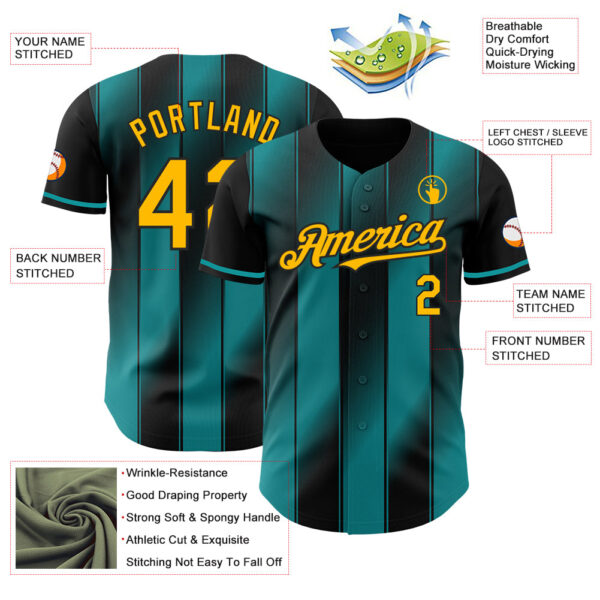 Custom Black Gold-Teal Gradient Classic Vertical Stripe Authentic Baseball Jersey