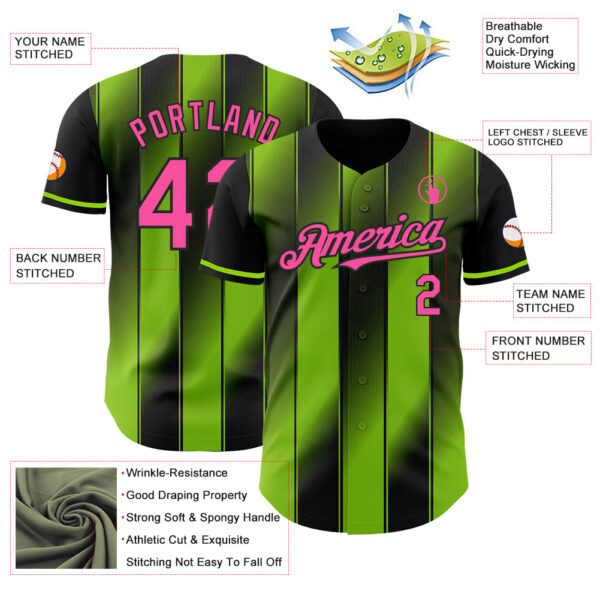 Custom Black Pink-Neon Green Gradient Classic Vertical Stripe Authentic Baseball Jersey