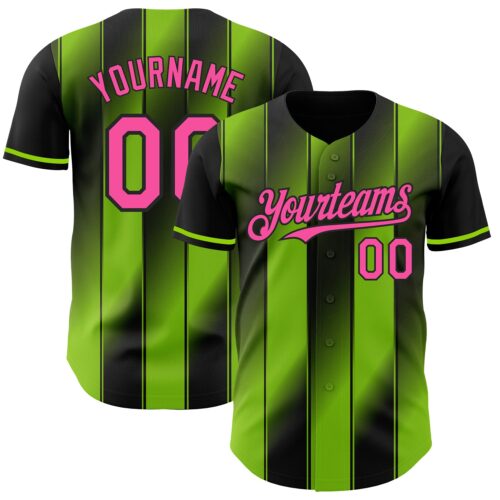 Pinstripe0070 Custom Black Pink-Neon Green Gradient Classic Vertical Stripe Authentic Baseball Jersey