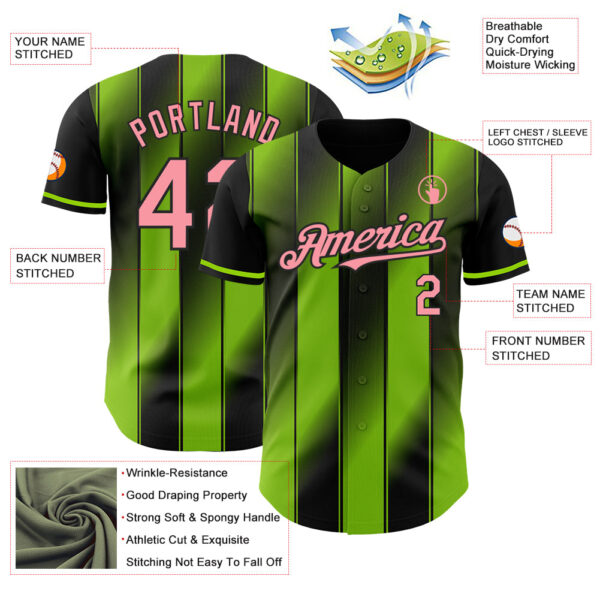 Custom Black Medium Pink-Neon Green Gradient Classic Vertical Stripe Authentic Baseball Jersey