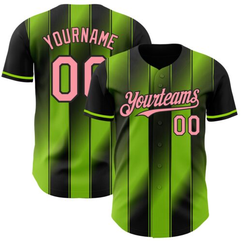 Custom Black Medium Pink-Neon Green Gradient Classic Vertical Stripe Authentic Baseball Jersey