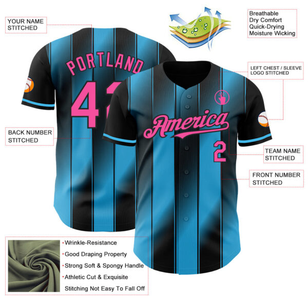 Custom Black Pink-Sky Blue Gradient Classic Vertical Stripe Authentic Baseball Jersey
