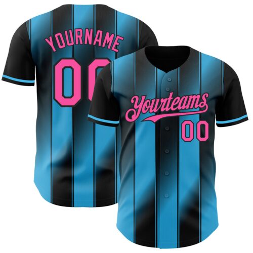 Pinstripe0073 Custom Black Pink-Sky Blue Gradient Classic Vertical Stripe Authentic Baseball Jersey