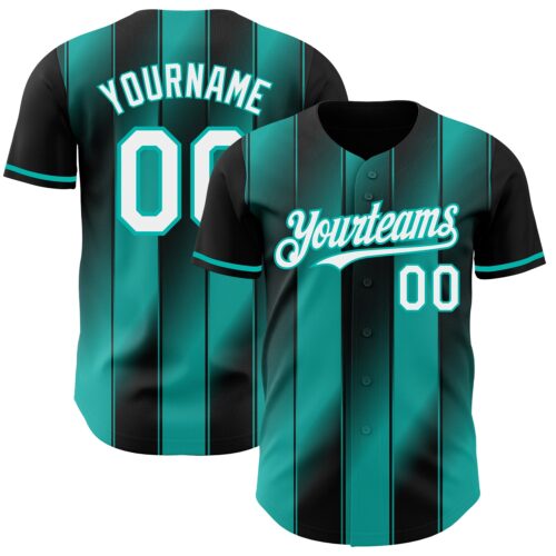 Pinstripe0076 Custom Black White-Aqua Gradient Classic Vertical Stripe Authentic Baseball Jersey