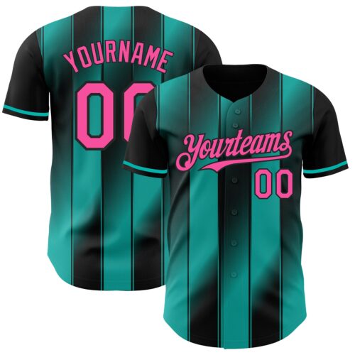 Pinstripe0077 Custom Black Pink-Aqua Gradient Classic Vertical Stripe Authentic Baseball Jersey