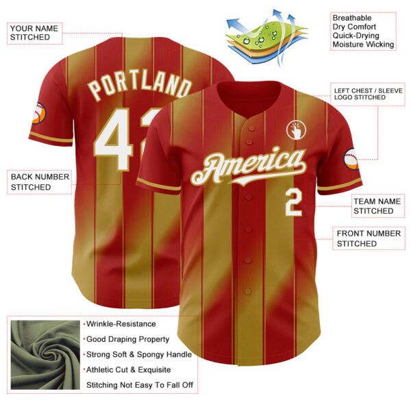 Custom Red White-Old Gold Gradient Classic Vertical Stripe Authentic Baseball Jersey
