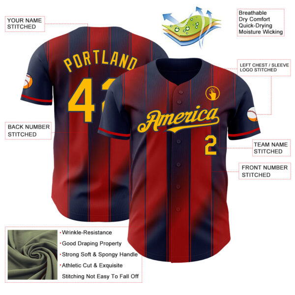 Custom Navy Gold-Red Gradient Classic Vertical Stripe Authentic Baseball Jersey