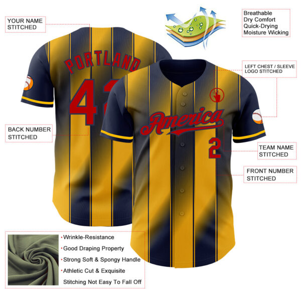 Custom Navy Red-Gold Gradient Classic Vertical Stripe Authentic Baseball Jersey