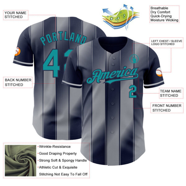 Custom Navy Teal-Gray Gradient Classic Vertical Stripe Authentic Baseball Jersey