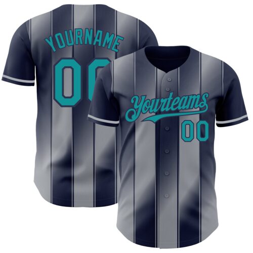 Pinstripe0108 Custom Navy Teal-Gray Gradient Classic Vertical Stripe Authentic Baseball Jersey