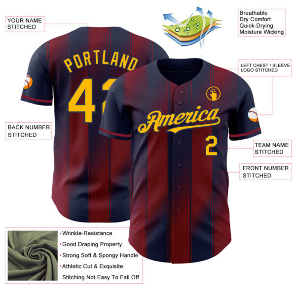 Custom Navy Gold-Crimson Gradient Classic Vertical Stripe Authentic Baseball Jersey