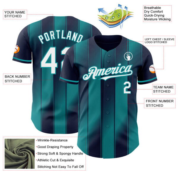 Custom Navy White-Teal Gradient Classic Vertical Stripe Authentic Baseball Jersey