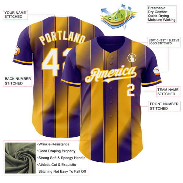 Custom Purple White-Gold Gradient Classic Vertical Stripe Authentic Baseball Jersey