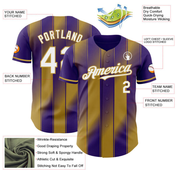 Custom Purple White-Old Gold Gradient Classic Vertical Stripe Authentic Baseball Jersey