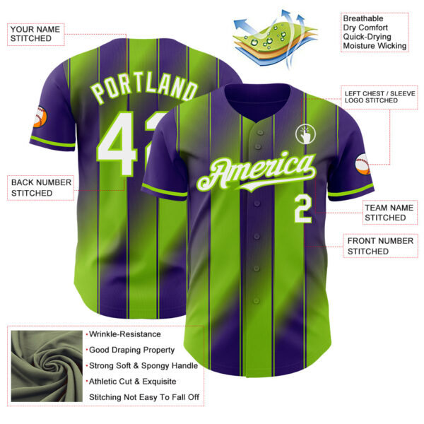 Custom Purple White-Neon Green Gradient Classic Vertical Stripe Authentic Baseball Jersey
