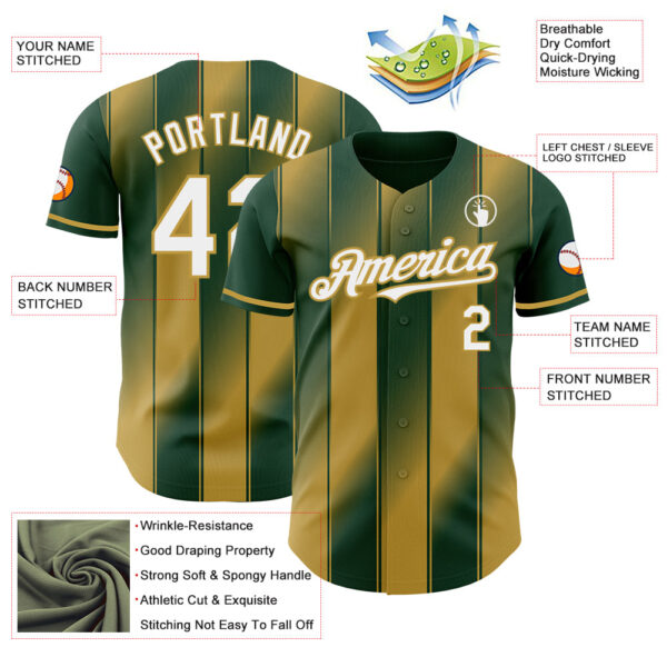 Custom Green White-Old Gold Gradient Classic Vertical Stripe Authentic Baseball Jersey