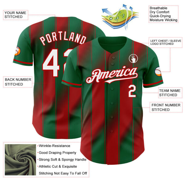 Custom Kelly Green White-Red Gradient Classic Vertical Stripe Authentic Baseball Jersey