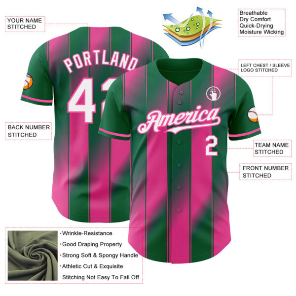 Custom Kelly Green White Pink-Pink Gradient Classic Vertical Stripe Authentic Baseball Jersey